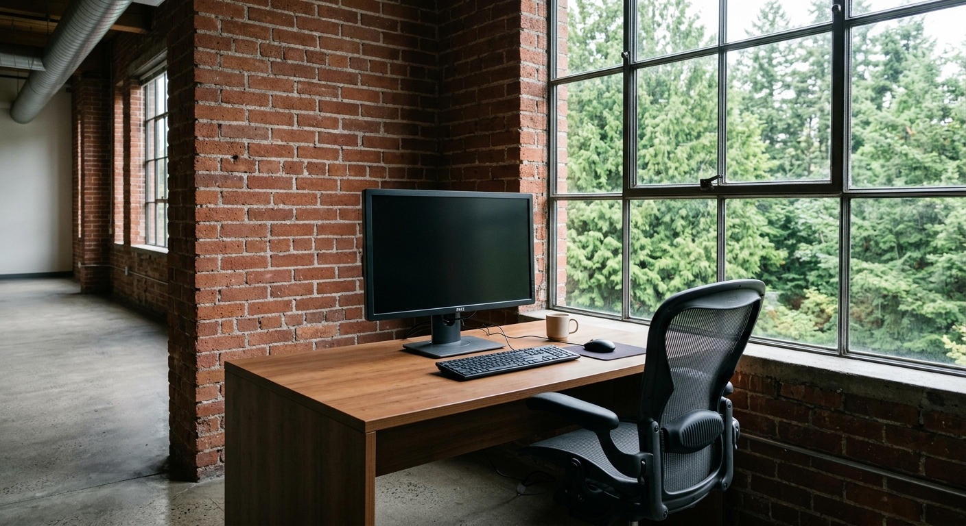 a vacant desk with a powered-off computer monitor and an empty ergonomic office chair inside a commercial brick office space, large windows revealing evergreen