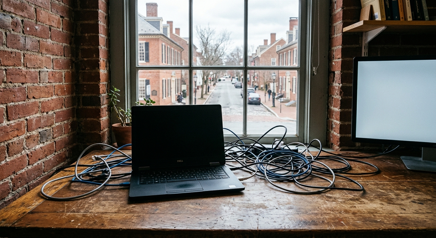a black laptop surrounded by tangled ethernet cables on a worn wooden desk inside a brick-walled office, with a view through a window of an overcast street with