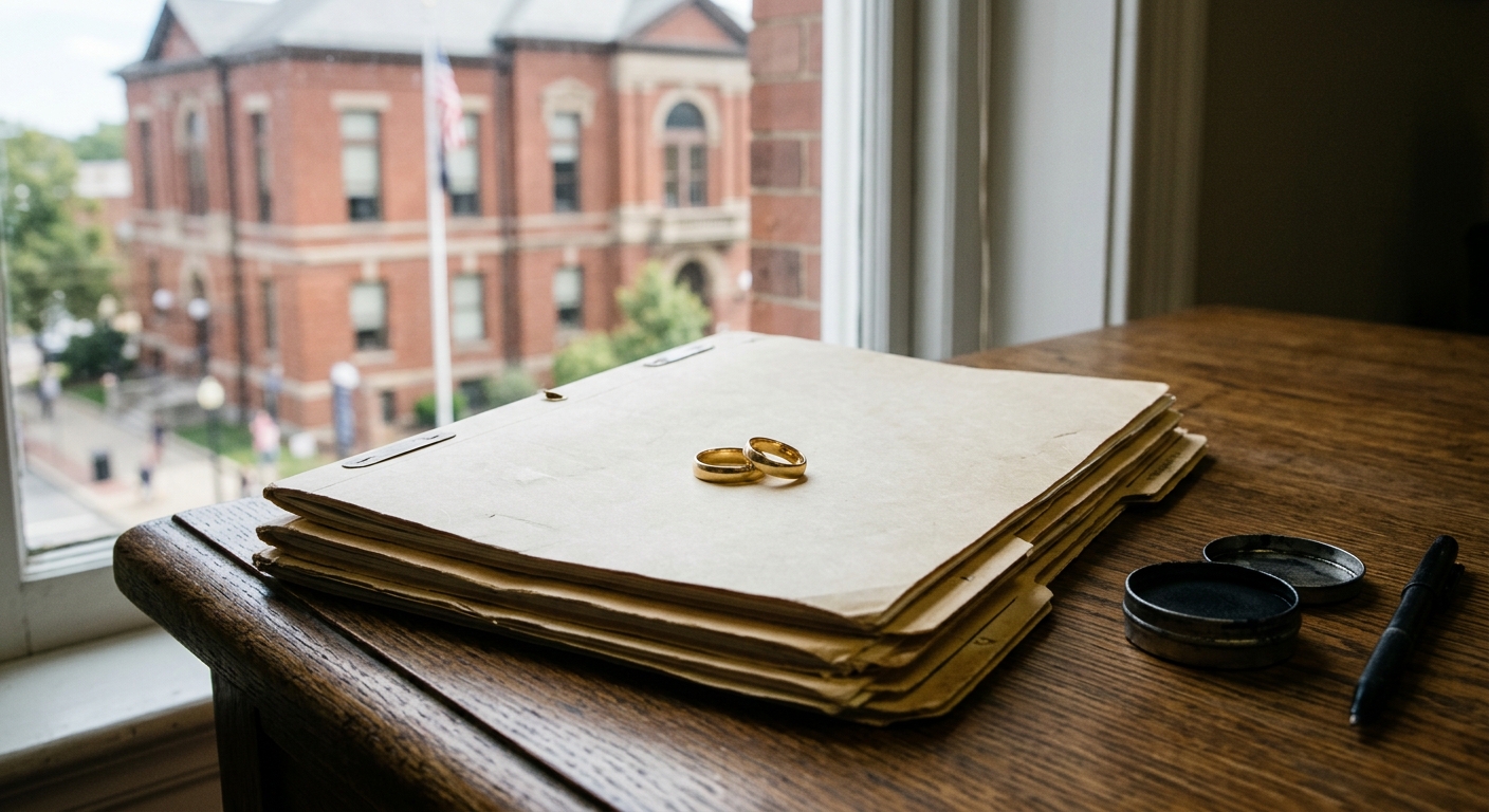 two plain gold wedding rings resting on a stack of closed manila legal folders next to a fingerprint ink pad on an old oak desk, with a blurred view of a classi