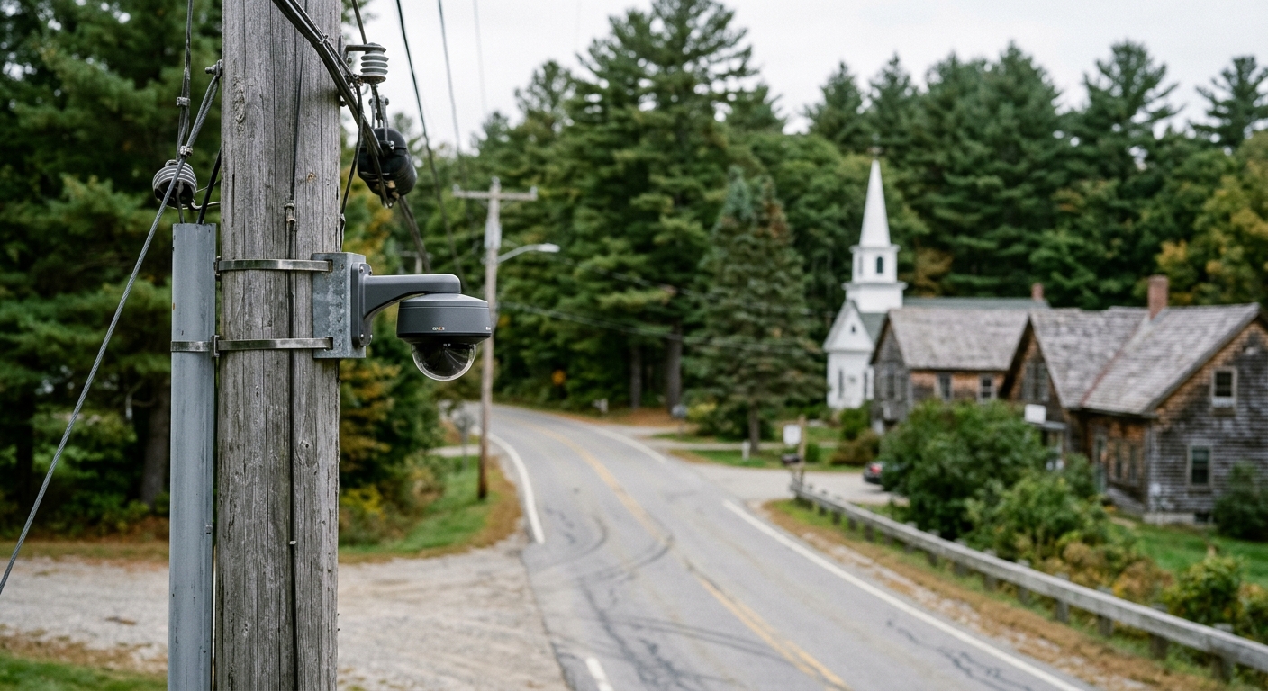 a small surveillance camera mounted on a metal utility pole beside a rural asphalt road, with out-of-focus pine trees and classic wooden town buildings in the b