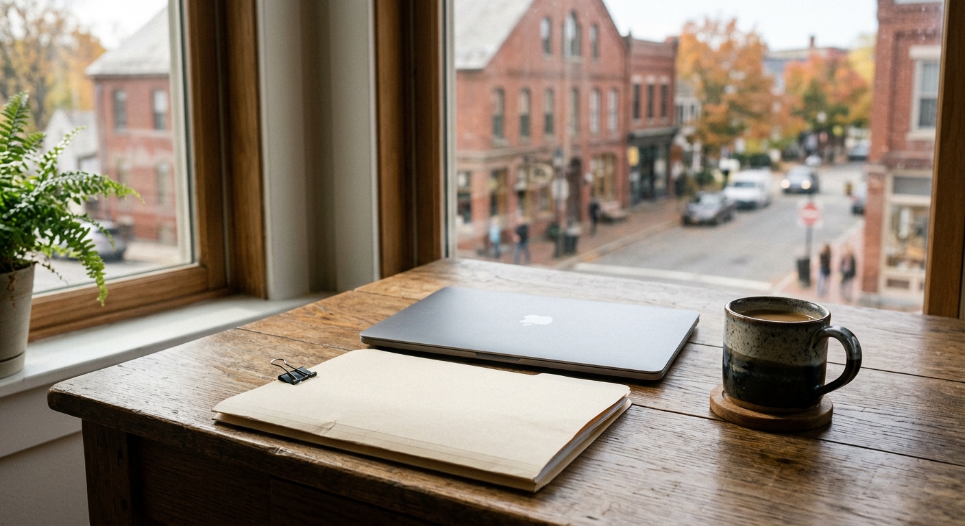 a silver laptop alongside a closed manila folder and a ceramic coffee mug on a heavy oak desk, with a slightly blurred background showing a window overlooking a