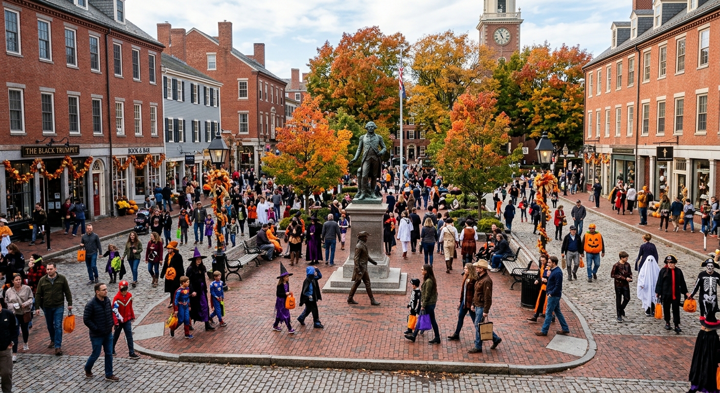 a bustling public square in a historic New England town during autumn, filled with pedestrians wearing various Halloween costumes walking past a bronze statue i