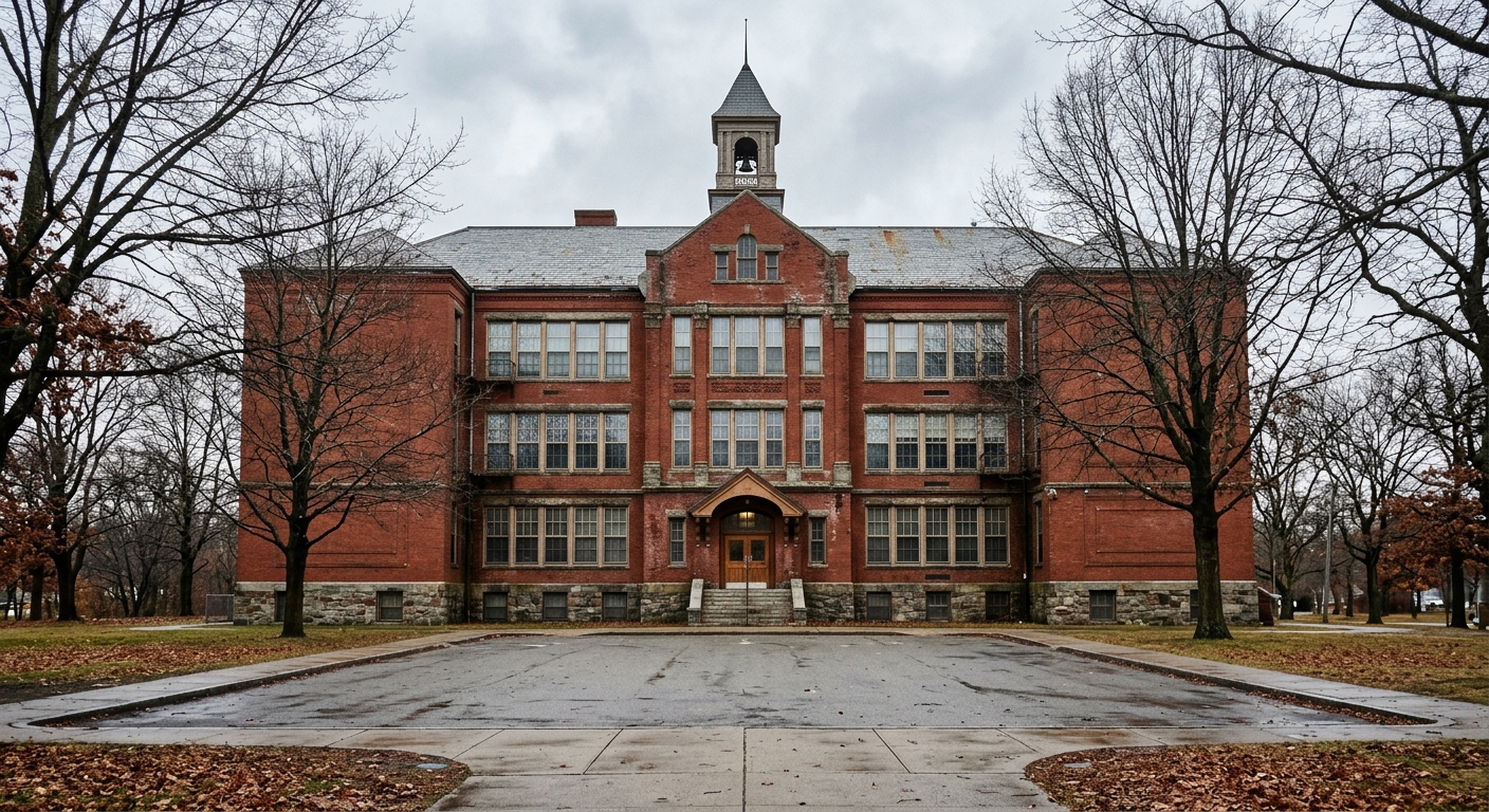 the exterior of an older, multi-story red brick high school building with large windows and an empty paved entrance, surrounded by bare maple and oak trees typi