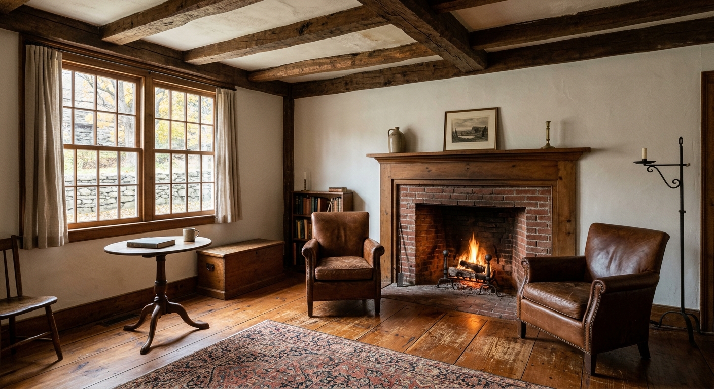 the interior of a historic colonial townhome featuring wide plank pine flooring, exposed rough-hewn wooden ceiling beams, and a traditional brick fireplace in a
