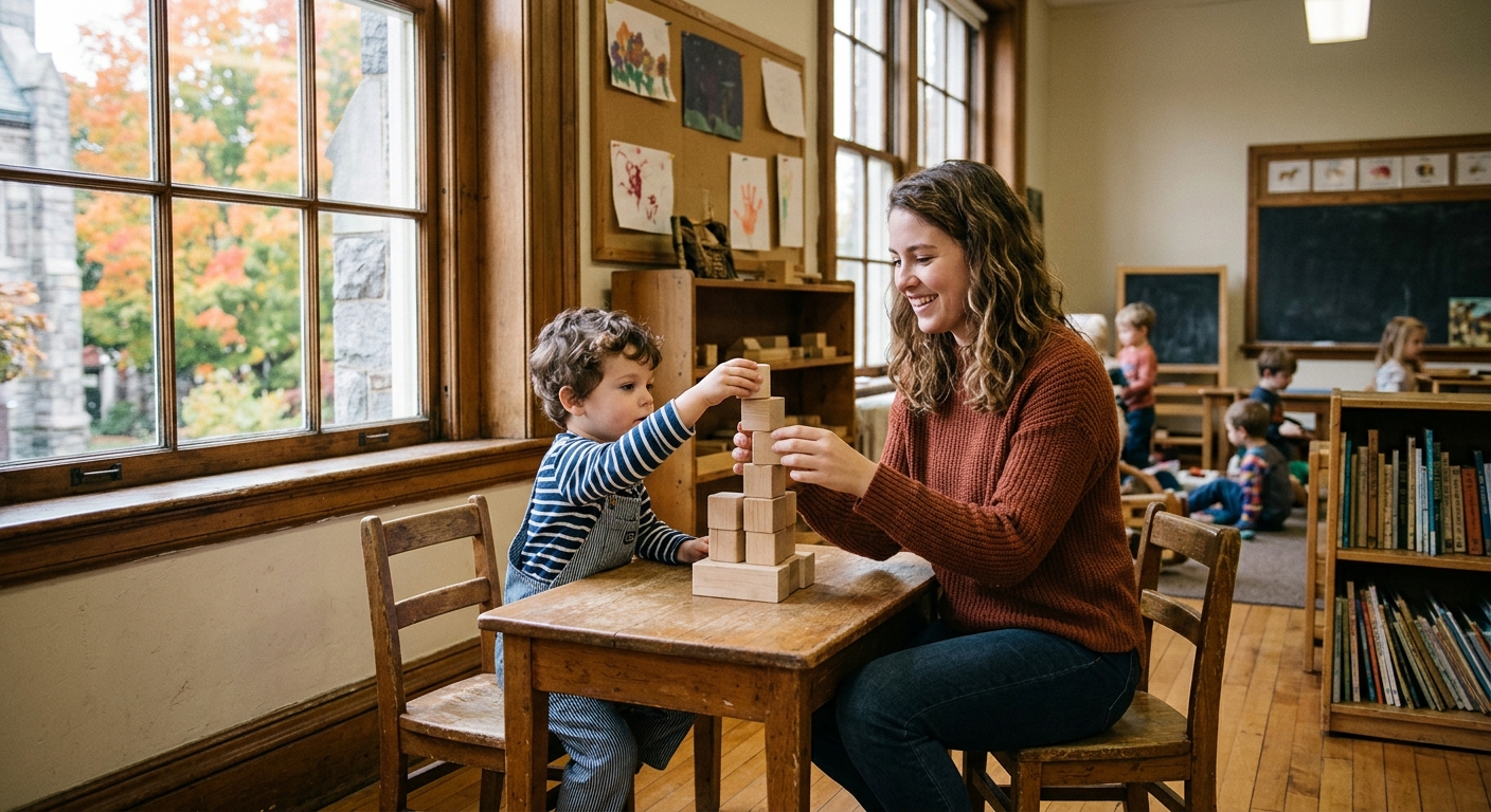 a young woman sitting at a low wooden table in a classic New England classroom with large pane windows, helping a small child build a tower out of blank wooden