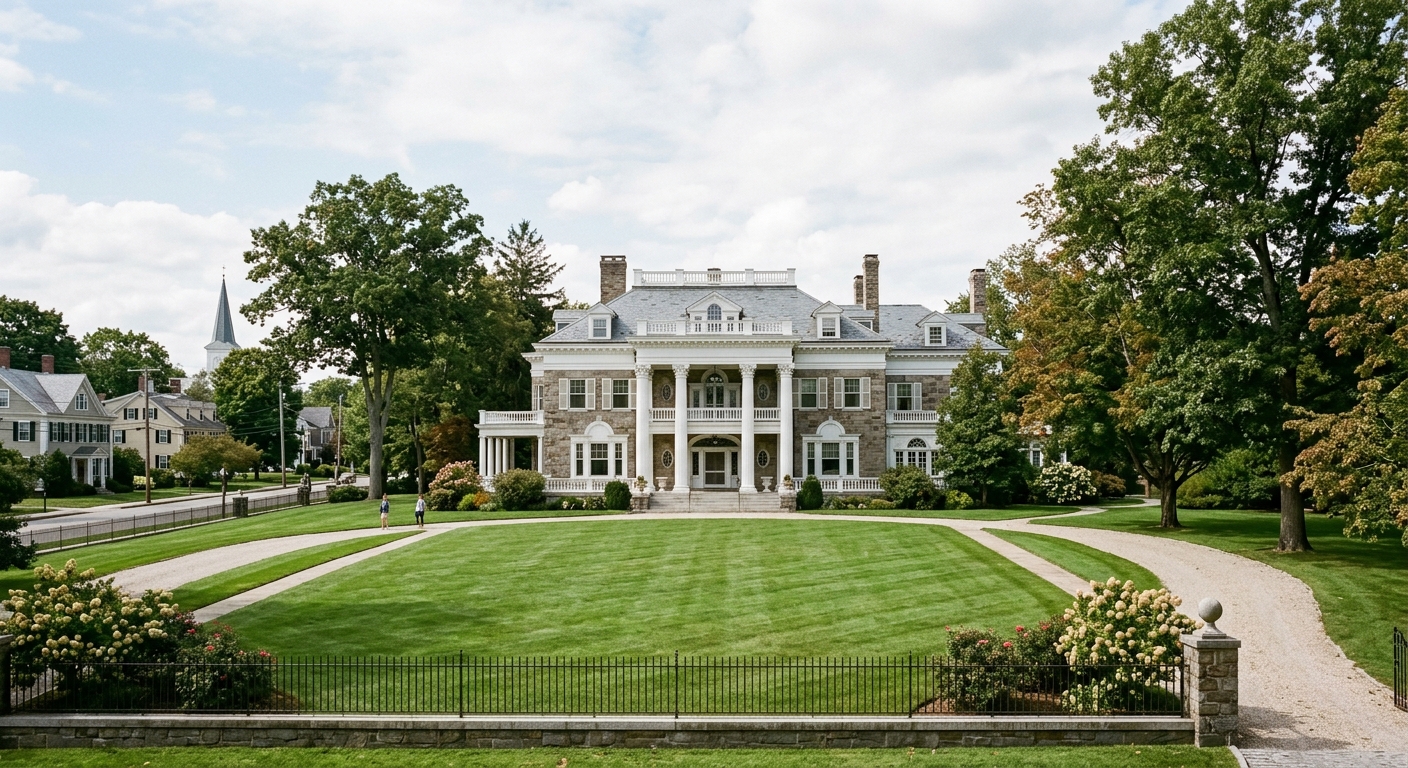 a grand historic Gilded Age mansion featuring stately white pillars, set behind a large manicured lawn and mature trees in a traditional New England town, natur