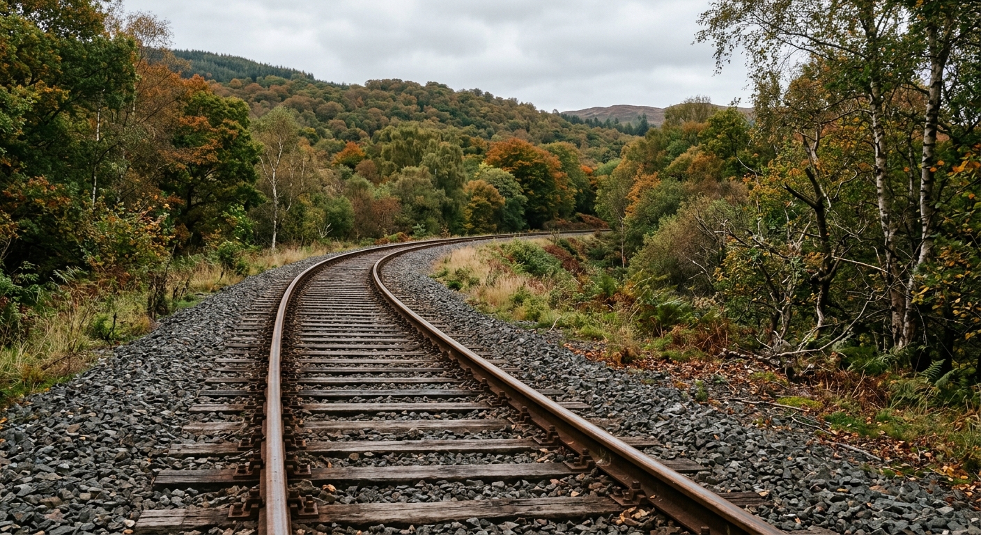 a set of heavy steel railway tracks curving through a rural wooded landscape with rolling hills and deciduous trees, thick gravel ballast around the wooden rail