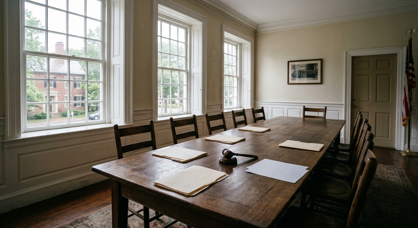 an empty meeting room inside a classic New England municipal building, featuring a long wooden table with several manila folders, a wooden gavel, and scattered