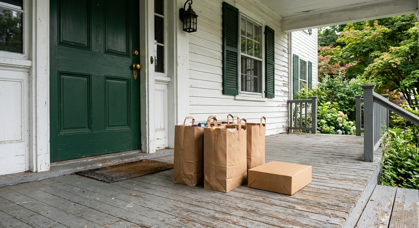 unmarked brown paper grocery bags and a plain cardboard takeout box resting on the weathered wooden front porch of a classic white clapboard home in New England