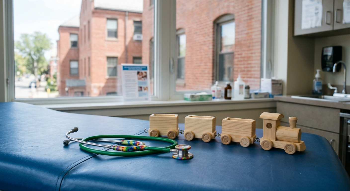 a pediatric stethoscope and a plain wooden toy train resting on a medical examination table in a bright hospital clinic room, with classic New England red brick