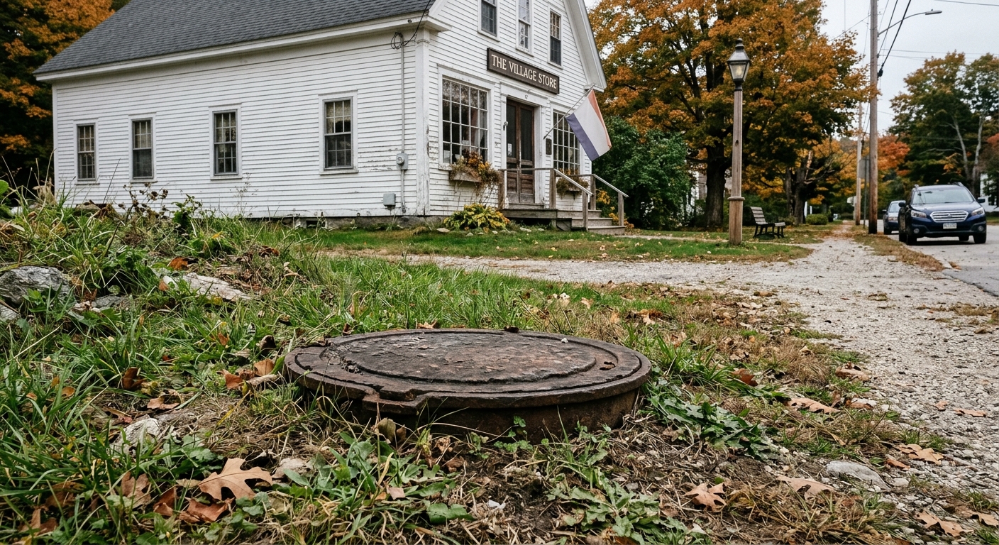 a weathered metal septic tank cover set in patchy grass in front of a historic white clapboard New England village store, natural everyday lighting, shot on a D