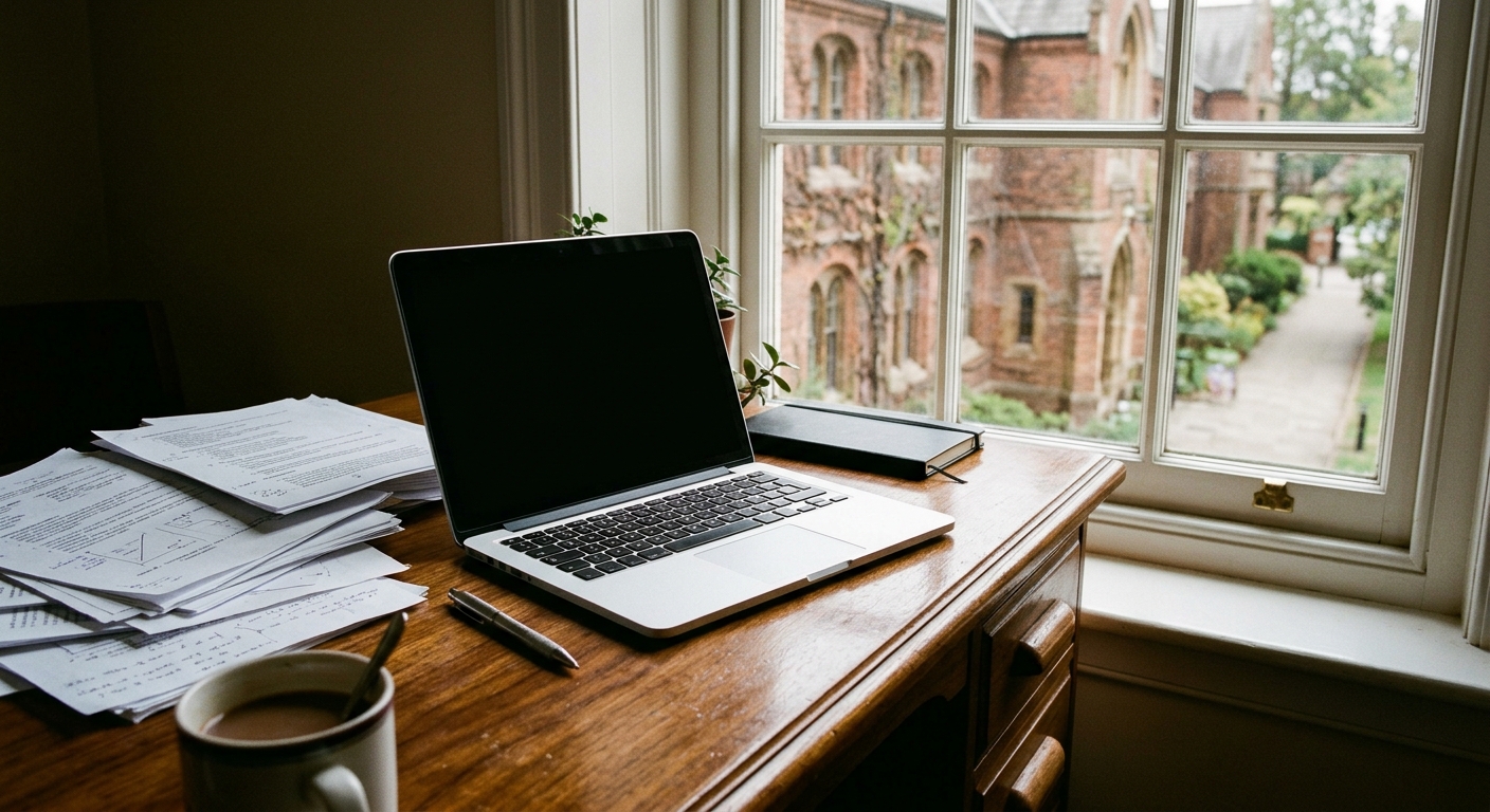a partially open silver laptop on a polished wooden desk next to a scattered stack of printed academic papers, with a blurred view of a classic brick university