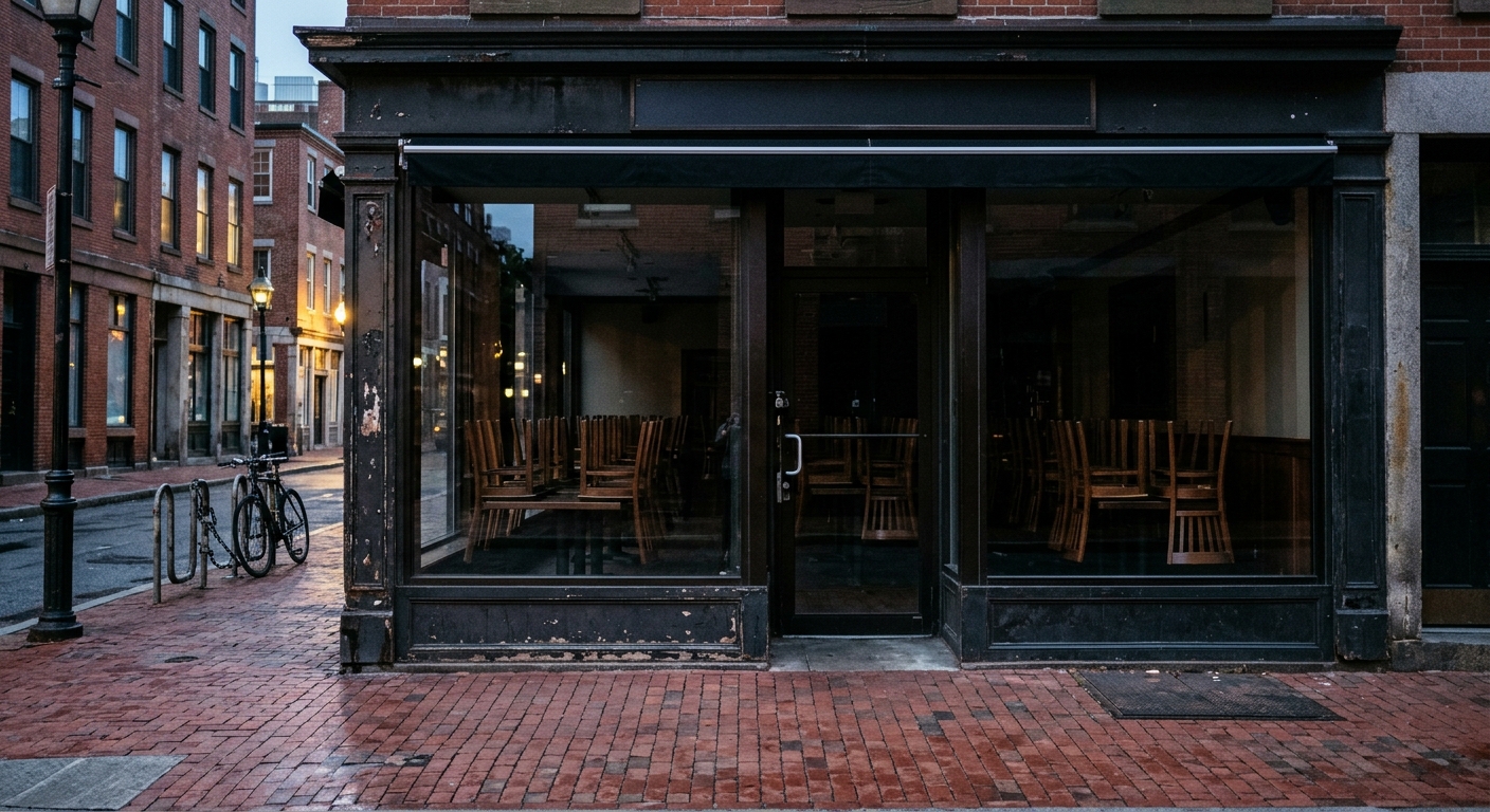 a darkened, empty restaurant storefront along a red brick sidewalk in a dense urban neighborhood, with chairs stacked upside down on tables visible through the